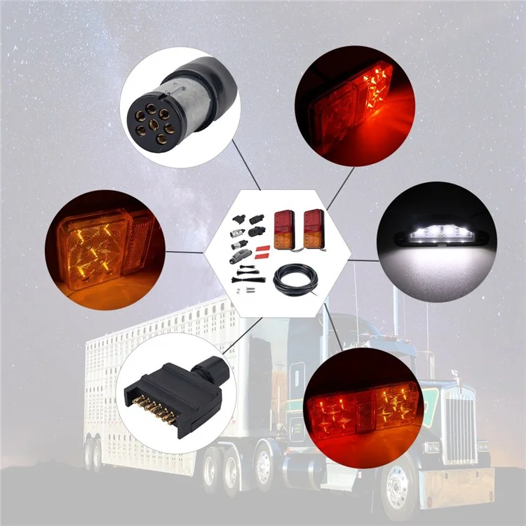 A4134 Kit de Feux Arrière Imperméable à 10 Led Pour Camion 12v, Remorque, Véhicules Tourne le Signal Avec un Câble de 8 m de 5 Mètres / Attaches de Câble / Éclairage de la Plaque D'immatriculation - Type E Set