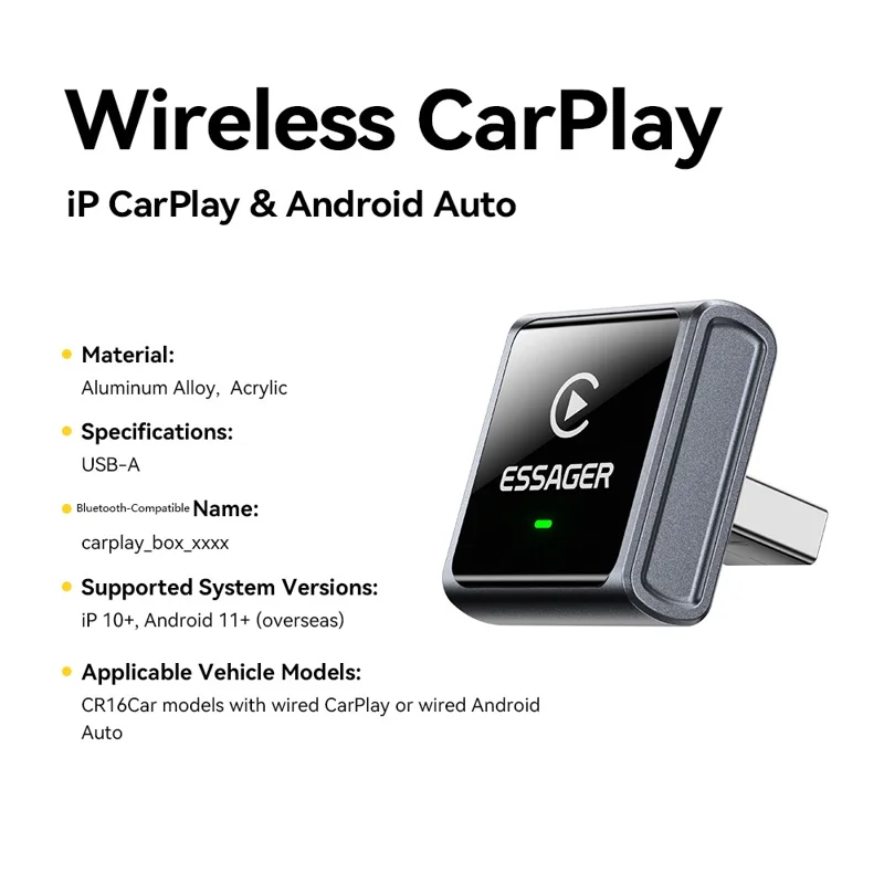 Adaptador Inalámbrico ESSAGER CP027 para CarPlay, Convierte Cableado en Inalámbrico, Dongle para iPhone y Android - Negro