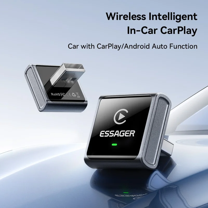 Adaptador Inalámbrico ESSAGER CP027 para CarPlay, Convierte Cableado en Inalámbrico, Dongle para iPhone y Android - Negro