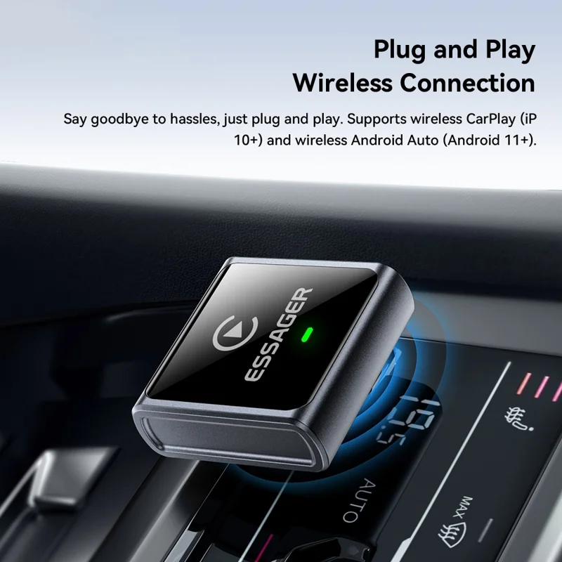 Adaptador Inalámbrico ESSAGER CP027 para CarPlay, Convierte Cableado en Inalámbrico, Dongle para iPhone y Android - Negro