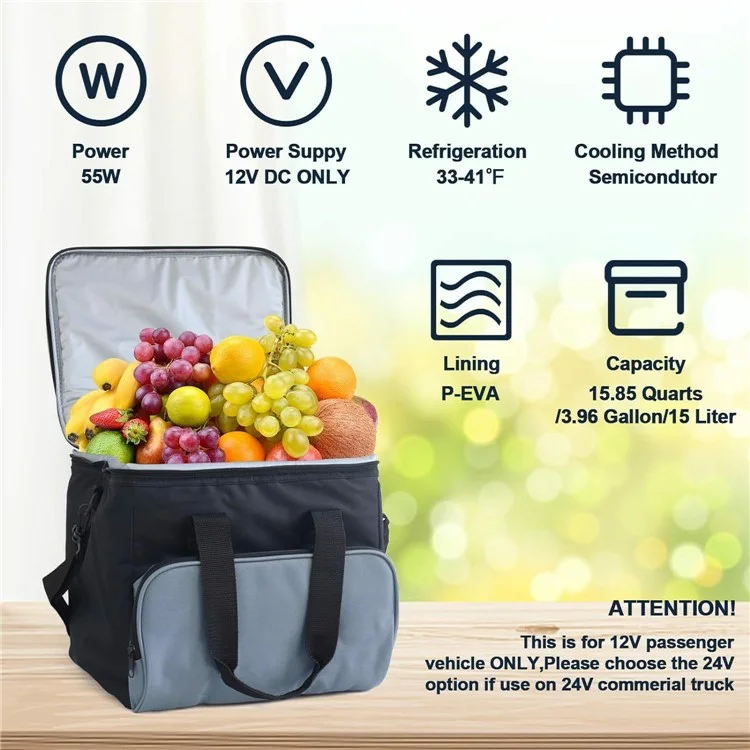 15L Semiconductor Cooling 12V Car Cooler Bag 600D Oxford Cloth Drink Fruit Storage Bag