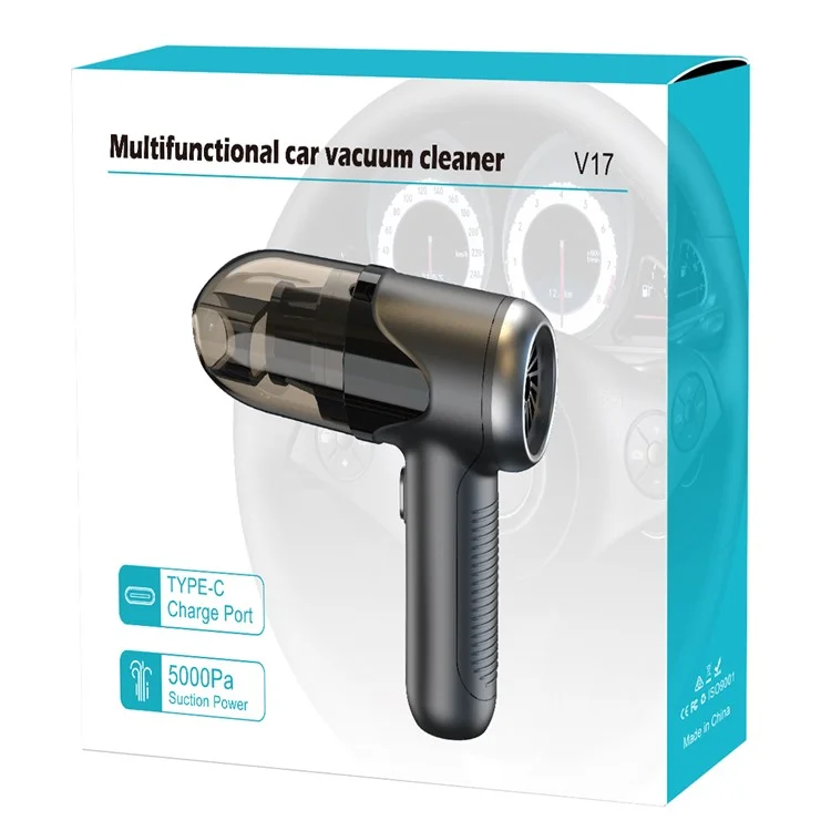 V17 5KPA High Power Car Vacuum Cleaner Brushed Motor Wireless Handheld Suction Blower - Black