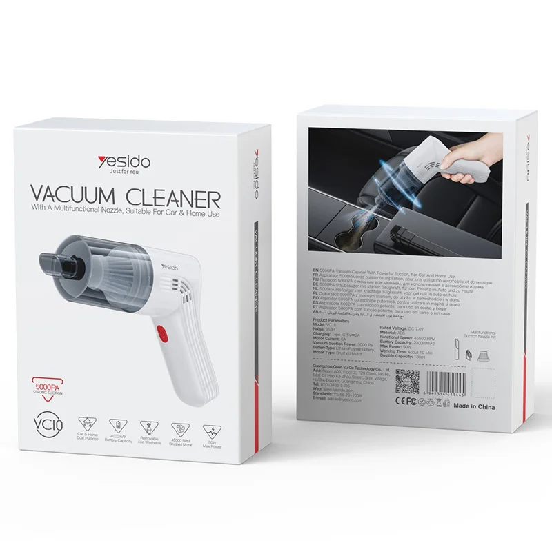 YESIDO VC10 Aspirador de Mano con Potencia de Succión de 5000PA y 45500RPM para Limpieza del Hogar y el Coche