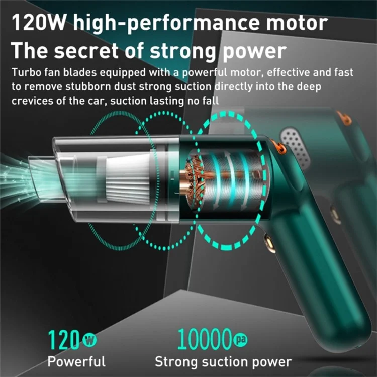 KBN-010 10000Pa Powerful Car Cordless Vacuum Cleaner Handheld Cleaning Tool - Blackish Green