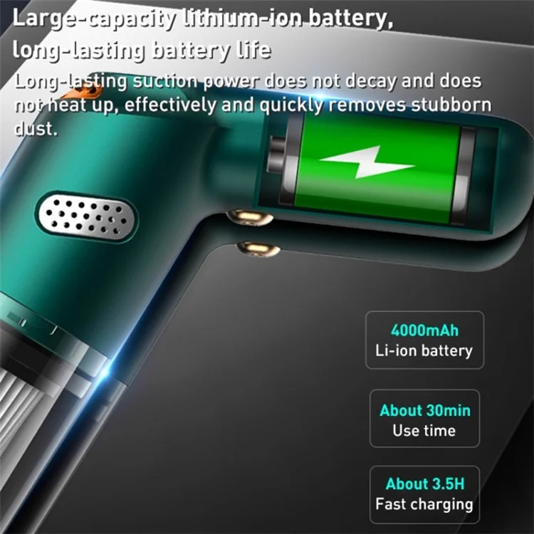 KBN-010 10000Pa Powerful Car Cordless Vacuum Cleaner Handheld Cleaning Tool - Blackish Green