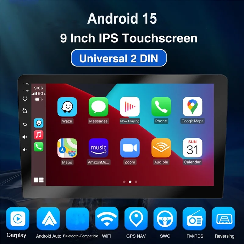 R911A 1+16 ГБ 9-дюймовый экран с Android 15, беспроводной CarPlay, Android Auto, GPS-навигацией и камерой заднего вида с 12 светодиодами