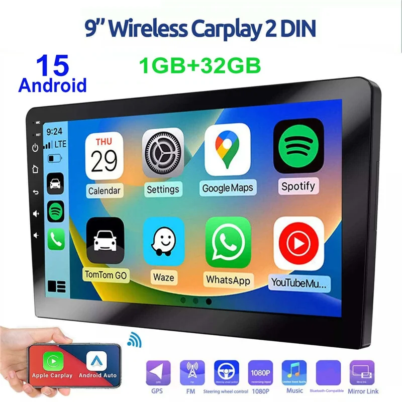 R911B 1+32 ГБ 9-дюймовый экран с Android 15, беспроводной CarPlay, Android Auto, GPS-навигацией и камерой заднего вида с 12 светодиодами