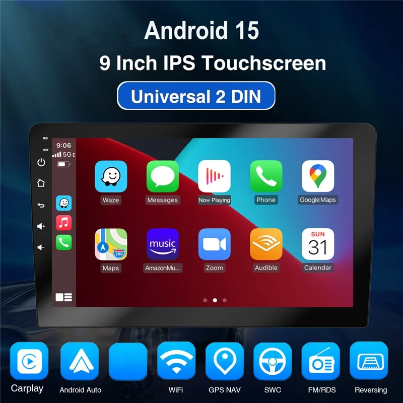 R911C 2+32 ГБ 9-дюймовый экран с Android 15, беспроводной CarPlay, Android Auto, GPS-навигацией с камерой заднего вида с 12 светодиодами