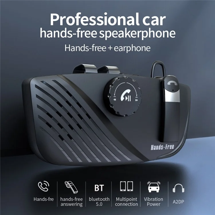 SP16 2 in 1 Portable Sun Visor Hands-free Bluetooth Speakerphone Smart Vibration Power ON Wireless Car Kit with Earphone/Back Clip Support for Siri Google Voice Control