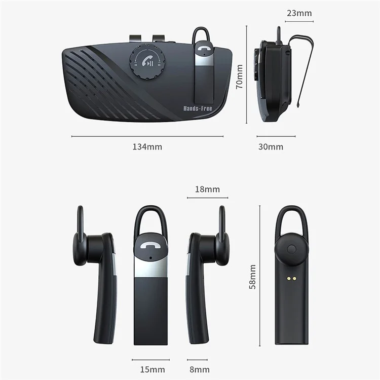 SP16 2 in 1 Portable Sun Visor Hands-free Bluetooth-compatible Speakerphone Smart Vibration Power ON Wireless Car Kit with Earphone/Back Clip Support for Siri Google Voice Control