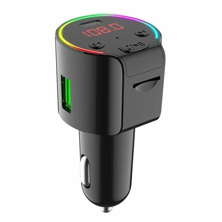 G61 Voltage Detection Car Bluetooth-compatible MP3 Player FM Transmitter USB QC3.0 + Type-C Phone Fast Charging Adapter with Colorful Light