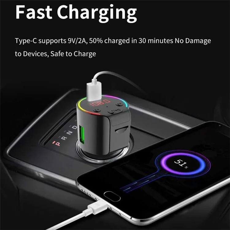 G61 Voltage Detection Car Bluetooth-compatible MP3 Player FM Transmitter USB QC3.0 + Type-C Phone Fast Charging Adapter with Colorful Light