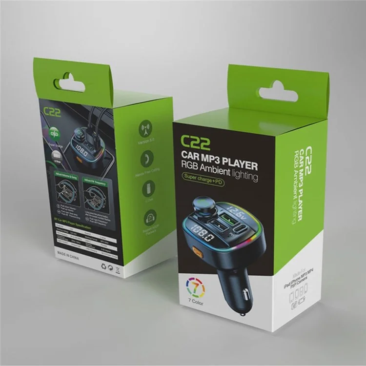 C22 Bluetooth-compatible FM Transmitter Hands-free Call Voltage Detection Car MP3 Music Player PD Type-C + Dual USB Car Charger