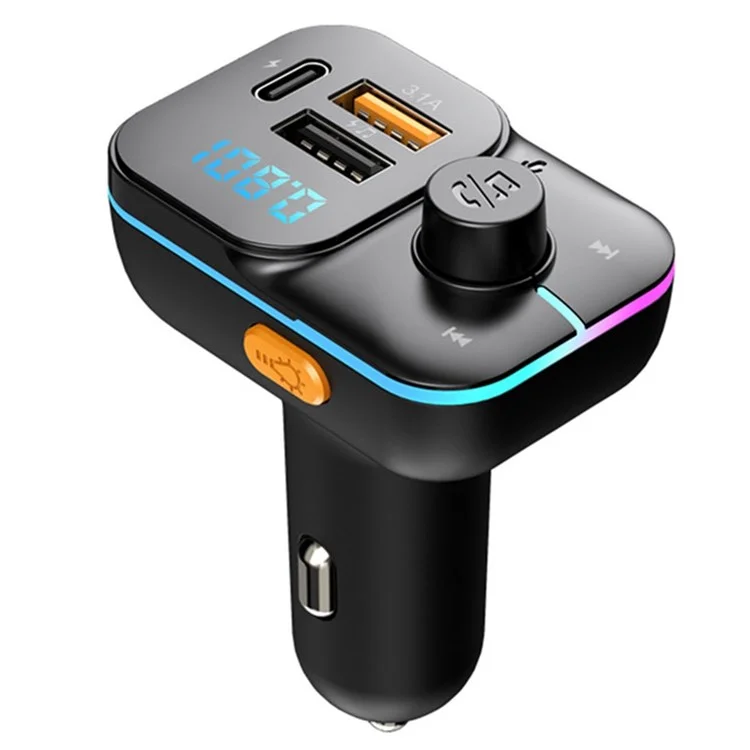 Bluetooth Hands-free Call Car MP3 Music Player FM Transmitter Type-C + Dual USB Car Charger with Colorful Light