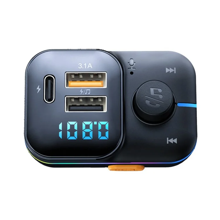 C24 Bluetooth Hands-free Call Car MP3 Music Player FM Transmitter Type-C + Dual USB Car Charger with Colorful Light