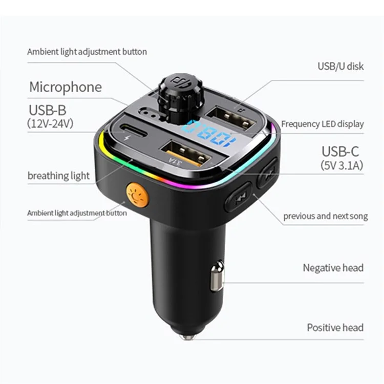 Bluetooth Hands-free Call Car MP3 Music Player FM Transmitter Type-C + Dual USB Car Charger with Colorful Light