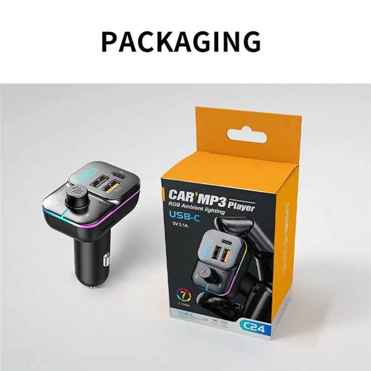 C24 Bluetooth Hands-free Call Car MP3 Music Player FM Transmitter Type-C + Dual USB Car Charger with Colorful Light