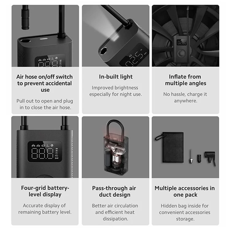 XIAOMI MIJIA MJCQB06QW Compresor de Aire Portátil para Coche Eléctrico 2 Mini Bomba de Aire 150PSI Inflador con Luz LED