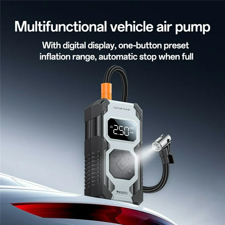 YESIDO VC12 Electric Power Air Pump for Car / Bike / Ball Inflation Portable Compressor with 5 Modes / Preset Pressure / LED Light