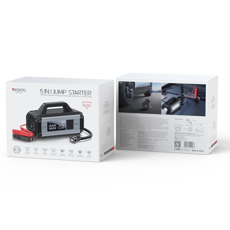 YESIDO VC13 5 in 1 Car Jump Starter 150PSI Tire Inflator Pump 10000mAh Power Bank with Emergency Light
