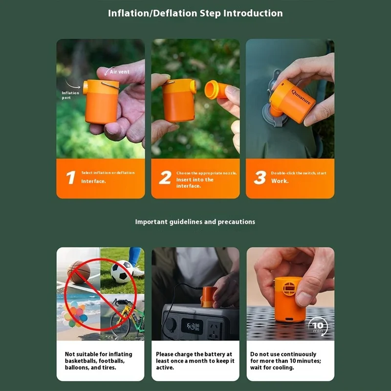 QUNATURE Bomba de Aire Eléctrica Mini Portátil para Exteriores con Lámpara de Camping Colgante, Aro Flotador e Inflador de Colchón de Aire - Naranja