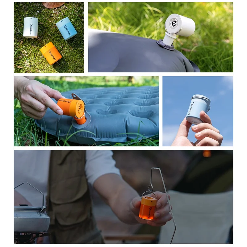 QUNATURE Bomba de Aire Eléctrica Mini Portátil para Exteriores con Lámpara de Camping Colgante, Aro Flotador e Inflador de Colchón de Aire - Naranja