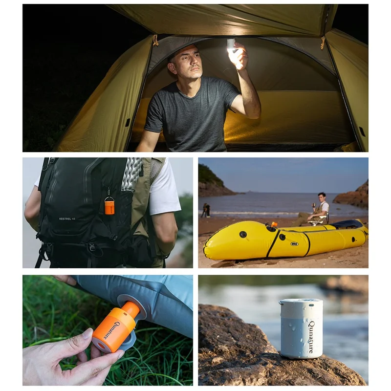QUNATURE Bomba de Aire Eléctrica Mini Portátil para Exteriores con Lámpara de Camping Colgante, Aro Flotador e Inflador de Colchón de Aire - Naranja
