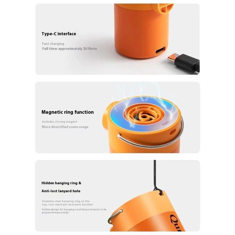 QUNATURE Bomba de Aire Eléctrica Mini Portátil para Exteriores con Lámpara de Camping Colgante, Aro Flotador e Inflador de Colchón de Aire - Naranja