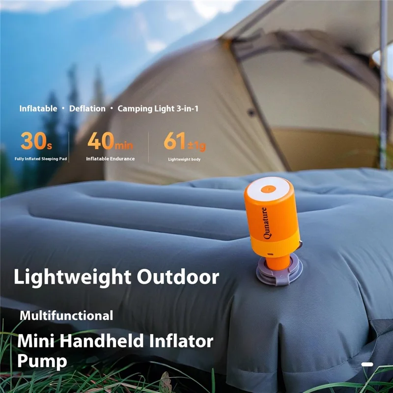 QUNATURE Bomba de Aire Eléctrica Mini Portátil para Exteriores con Lámpara de Camping Colgante, Aro Flotador e Inflador de Colchón de Aire - Naranja