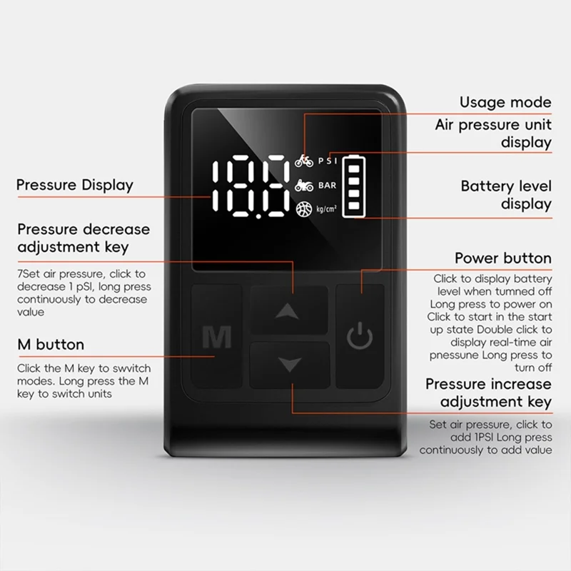 WEST BIKING YP0711196 High Pressure Electric Bike Pump Digital Display Portable Air Compressor for Bicycle Motorcycle Car - Black