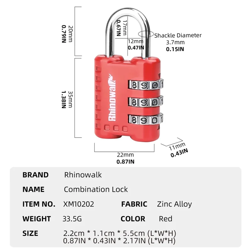RHINOWALK XM10202 3-digit Combination Lock for Motorcycle Bag Zinc Alloy Anti-Theft Luggage Lock
