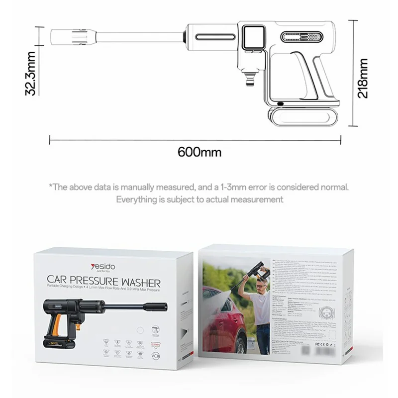 YESIDO VC18 High Pressure Washer Gun 2 Gears Adjustable Cordless Car Cleaner with LED Display