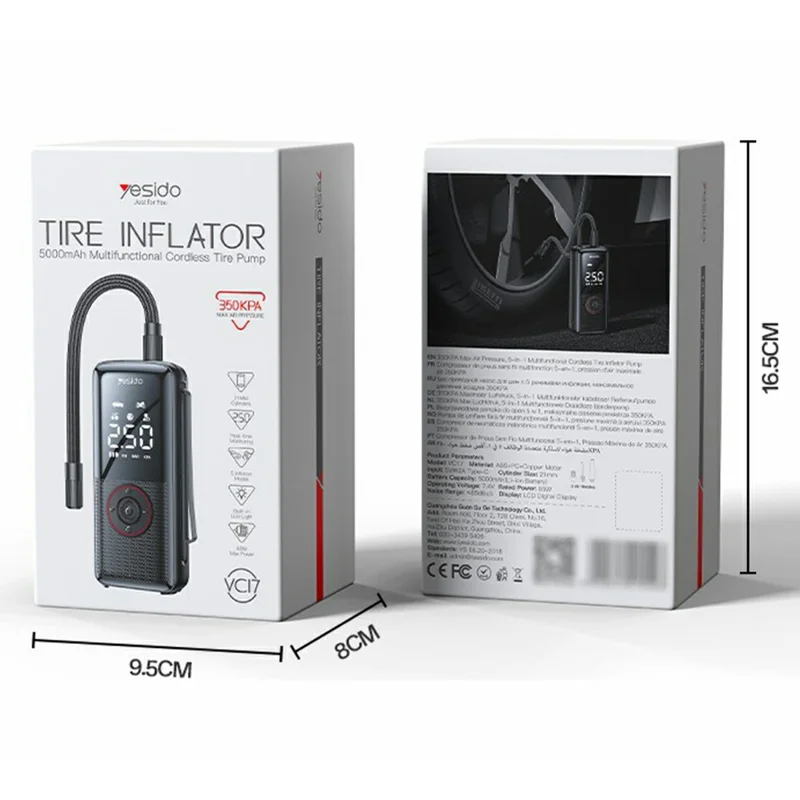 YESIDO VC17 Multi-function Wireless Tire Inflator for Car / Bicycle / Basketball Portable Air Compressor with LED Display