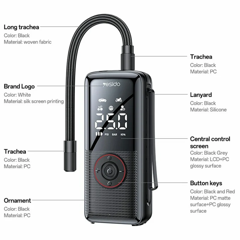YESIDO VC17 Multi-function Wireless Tire Inflator for Car / Bicycle / Basketball Portable Air Compressor with LED Display
