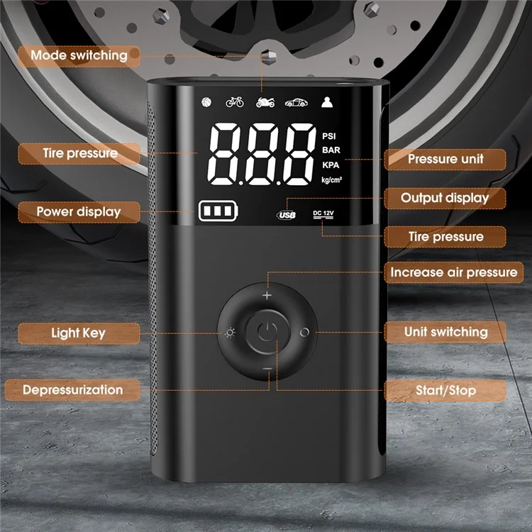 CARSUN T2191-2 Tragbare kabellose digitale Reifenaufpumpe mit Powerbank-Funktion für Autos