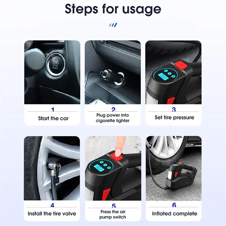 CARSUN C2814 Inflador de neumáticos portátil y compresor de aire digital de 12V CC con luz LED de emergencia