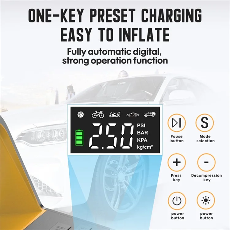 CARSUN c1809 Gonfleur de pneus de voiture numérique sans fil 150 PSI Compresseur d'air électrique portable avec lampe LED