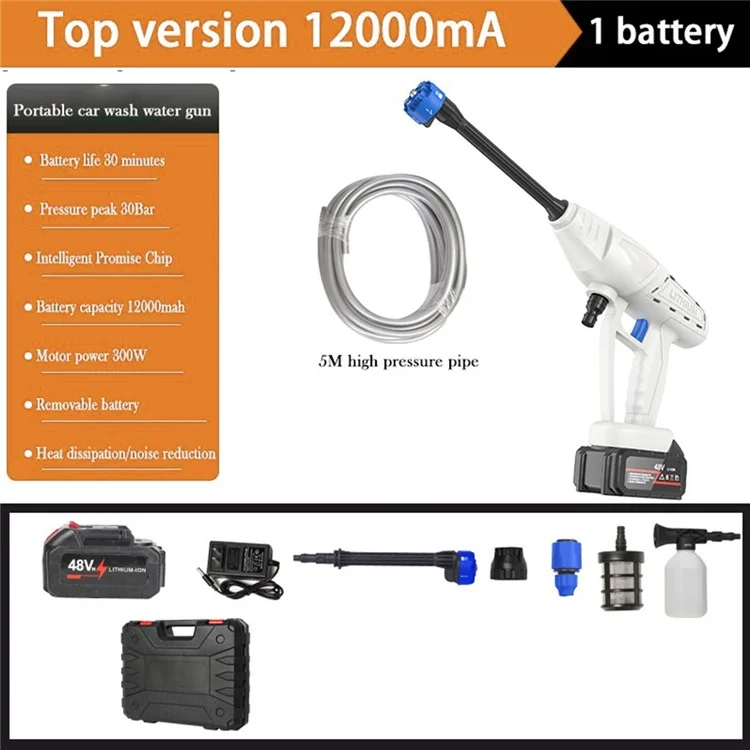 8103 Household Electric Car Washing Machine 48VH 12000mAh Car Water Gun with Sprayer Nozzle - White / EU Plug