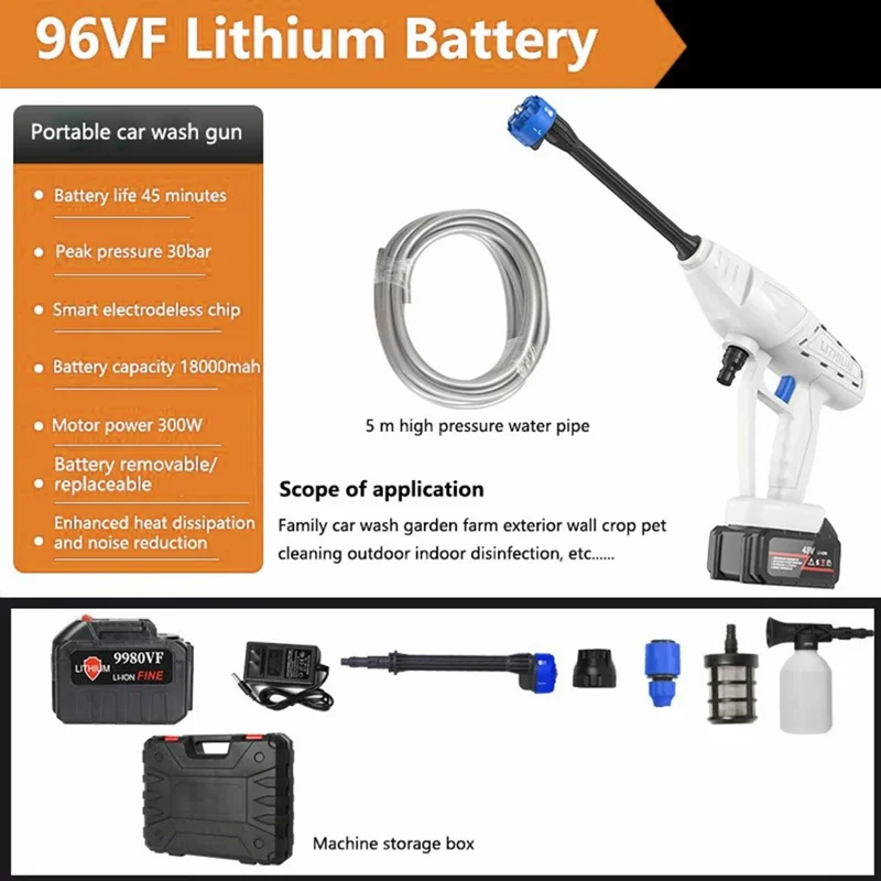 8103 High Pressure Water Gun Electric Car Household Spray Washer Cleaner Washing Machine (Battery: 96VH 18000mAh) - US Plug / White