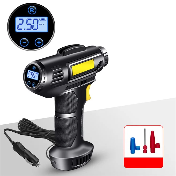 12V Wired Digital Car Tyre Inflator Portable Air Compressor with 3 Nozzle Adaptors and LED Light