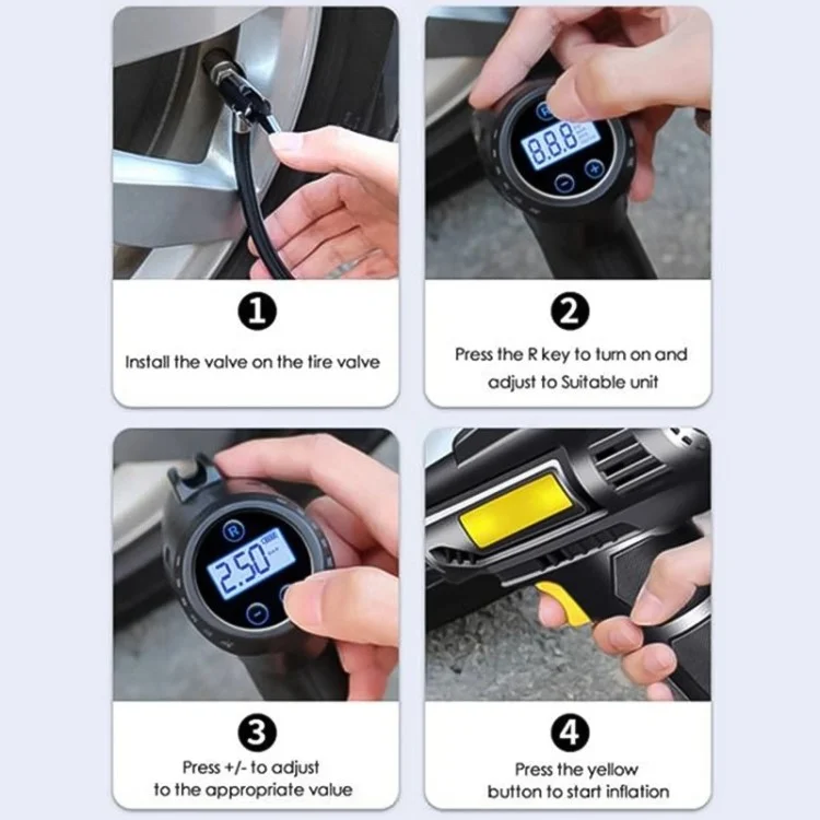 12V Wired Digital Car Tyre Inflator Portable Air Compressor with 3 Nozzle Adaptors and LED Light