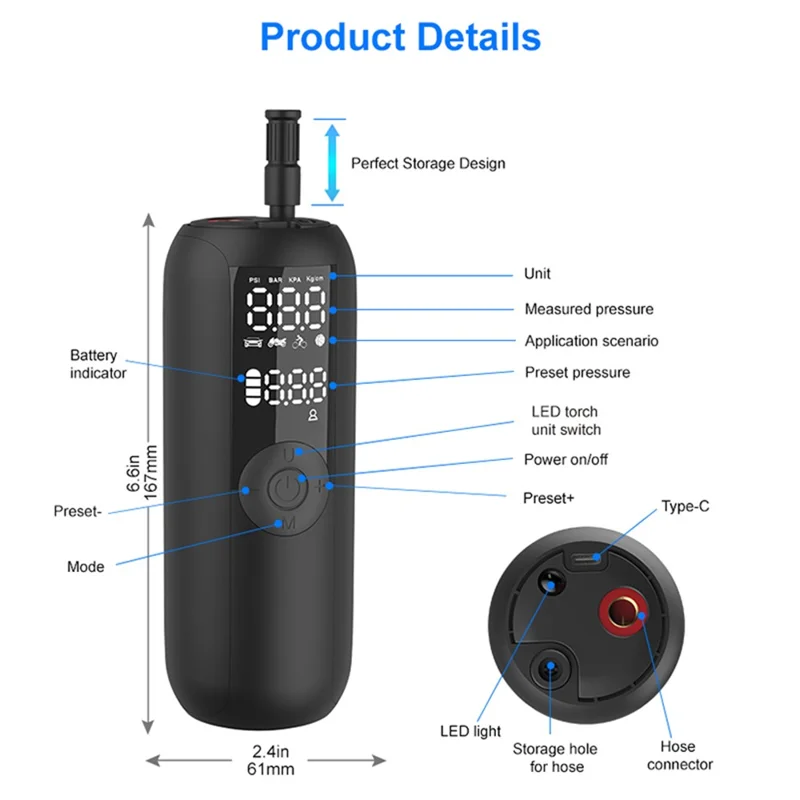 LP1 Outdoor Portable Smart Tire Pump with LED Light, Car Bike Mini Inflator