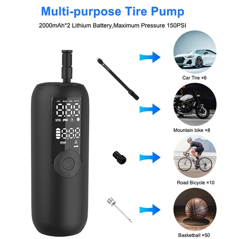 LP1 Outdoor Portable Smart Tire Pump with LED Light, Car Bike Mini Inflator