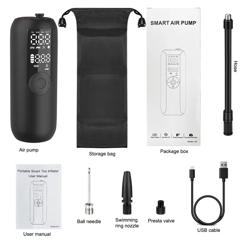 LP1 Outdoor Portable Smart Tire Pump with LED Light, Car Bike Mini Inflator
