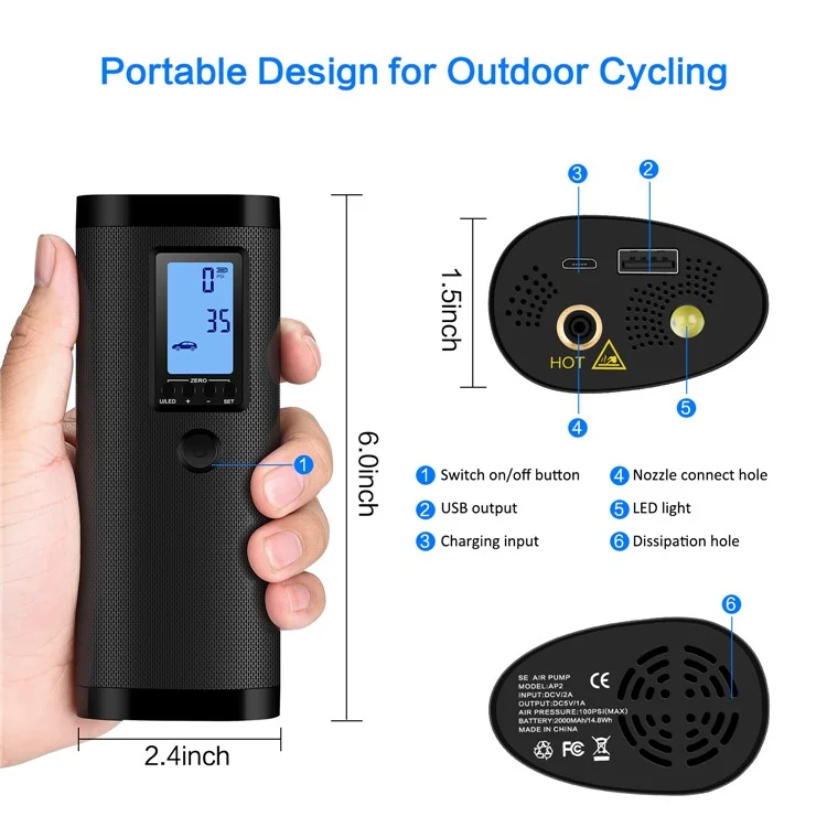 AP2 High Precision Sensor Air Pump Portable Tire Inflator with Power Bank Function