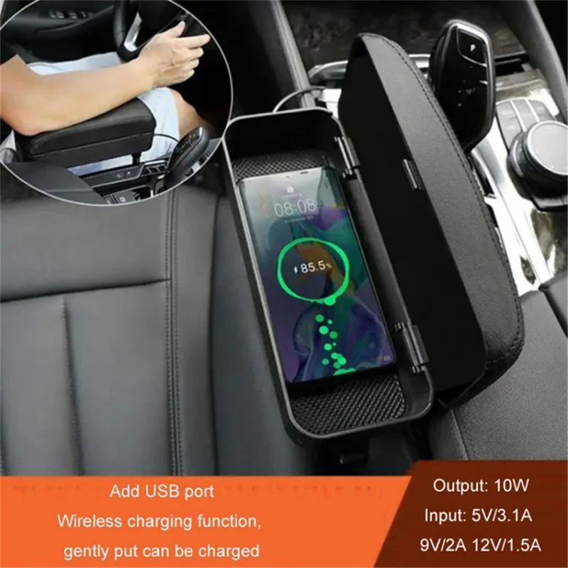Car Armrest Storage Box Center Console Arm Rest Organizer Wireless Charger - Black / White