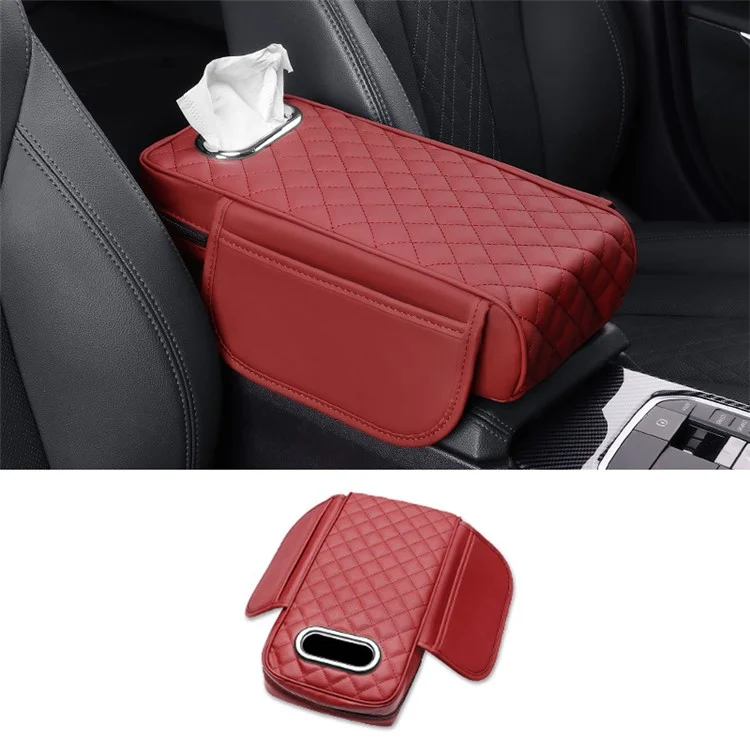 Car Armrest Box Cushion Pad PU Leather Tissue Holder Box with Side Pockets - Red