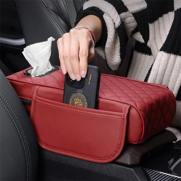 Car Armrest Box Cushion Pad PU Leather Tissue Holder Box with Side Pockets - Red