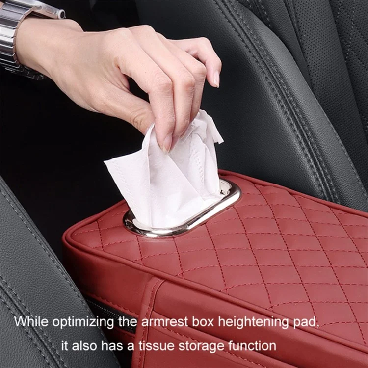 Car Armrest Box Cushion Pad PU Leather Tissue Holder Box with Side Pockets - Red