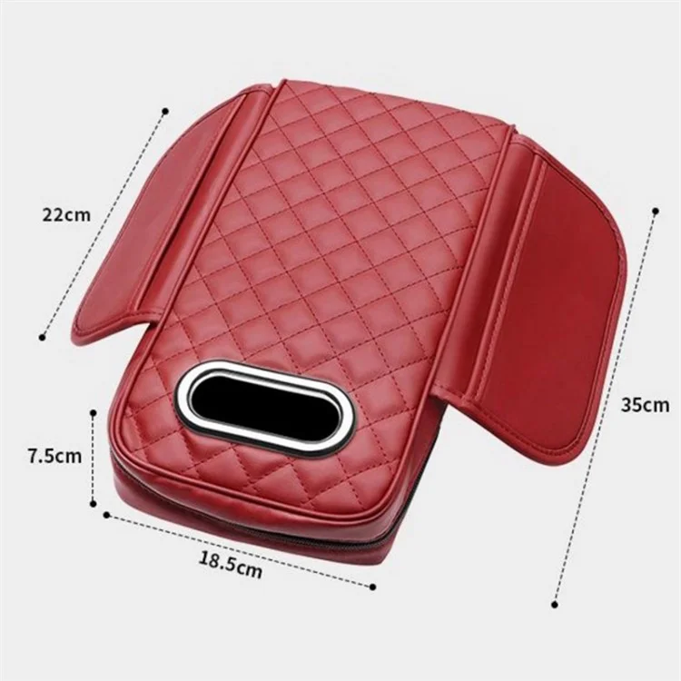 Car Armrest Box Cushion Pad PU Leather Tissue Holder Box with Side Pockets - Red